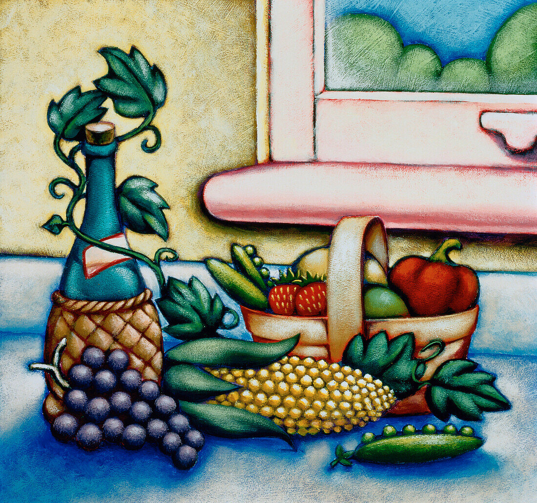 Illustration einer Weinflasche mit einem Korb mit Obst und Gemüse am Fenster