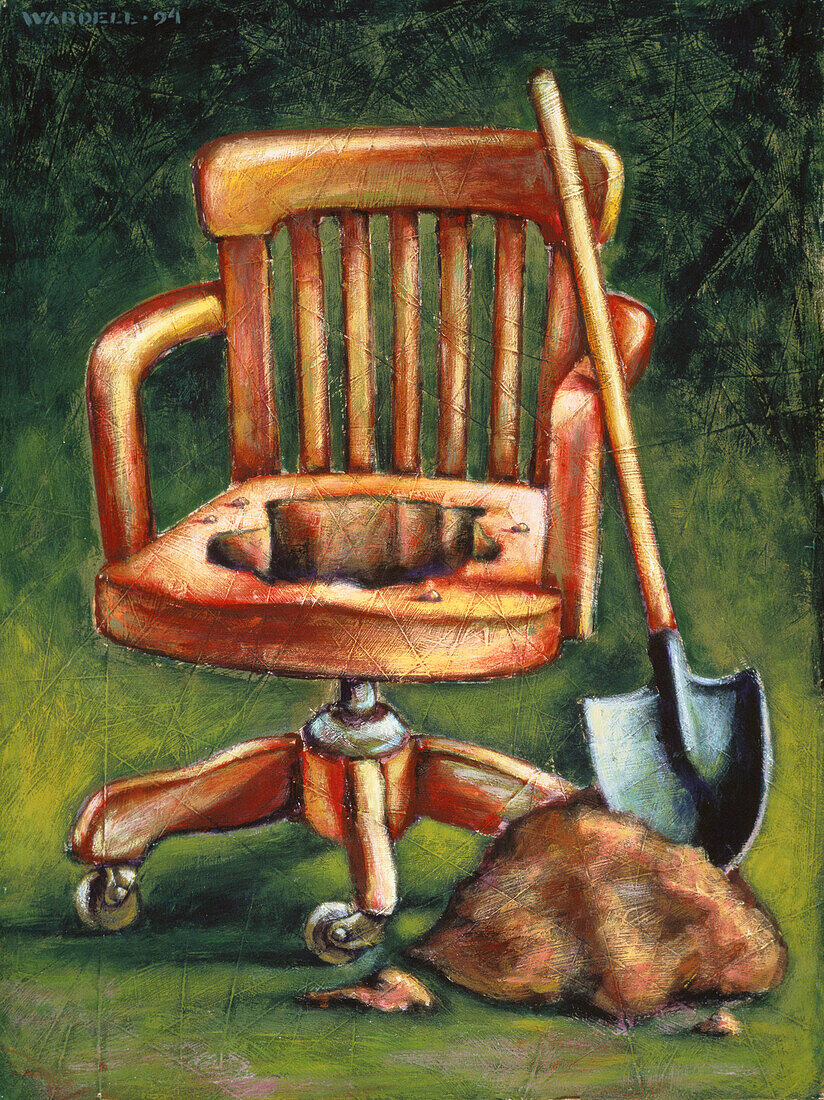 Illustration eines Stuhls mit Loch und Schaufel