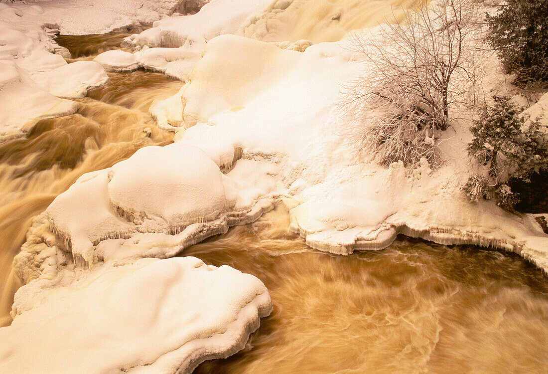 Snow Covered Landscape and Stream,Chutes de Plaisance,Riviere Petite Nation,Quebec,Canada