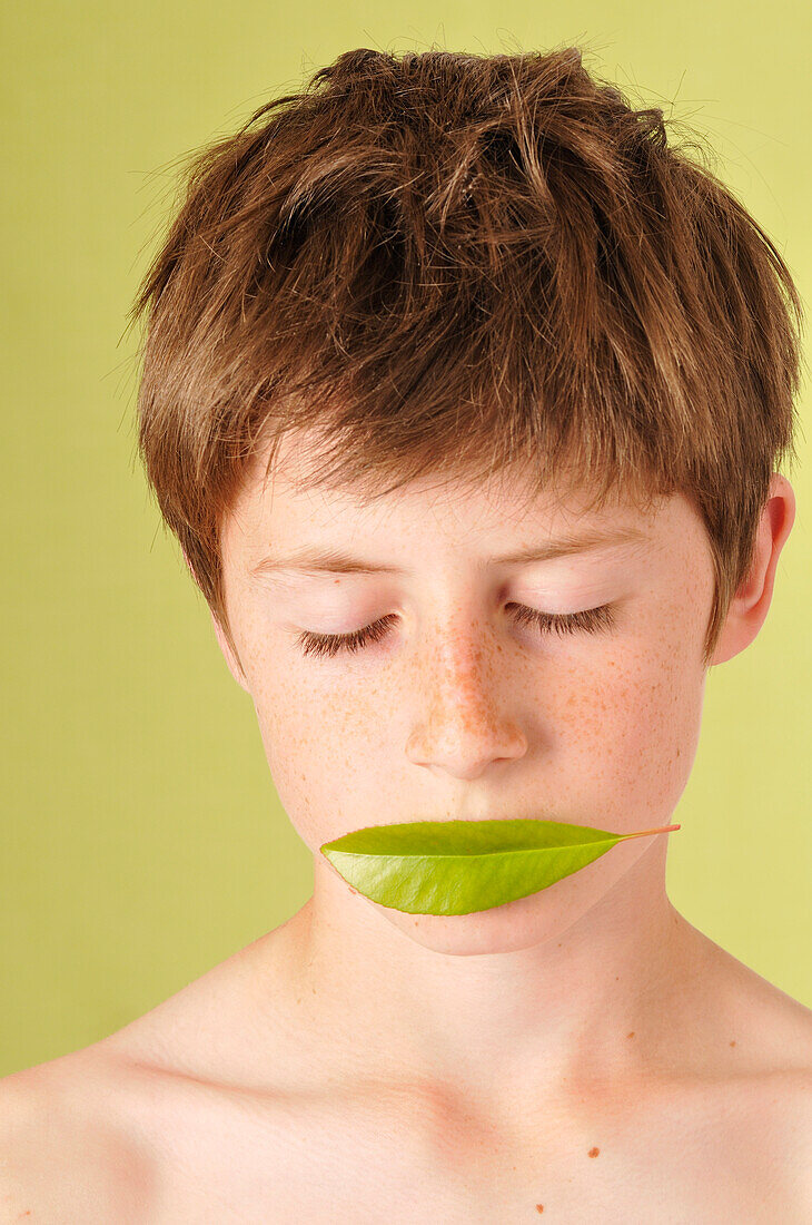 Little Boy With Leaf Covering His Mouth