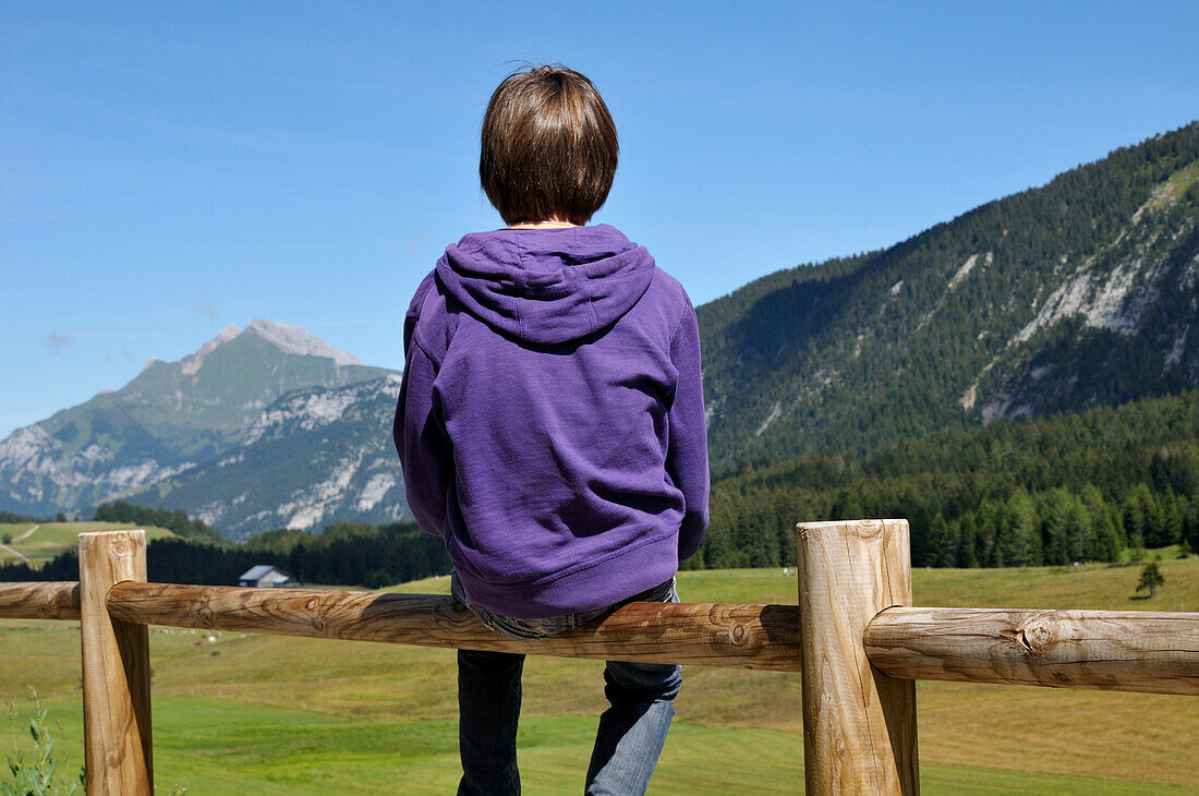 Rückenansicht eines Jungen, der auf einem Holzzaun sitzt, Glieres Plateau, Alpen, Frankreich