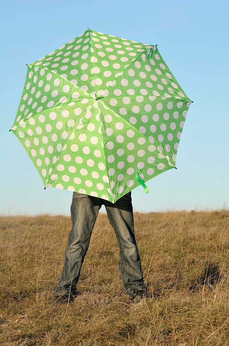 Boy with Umbrella in Field,Rogues,France