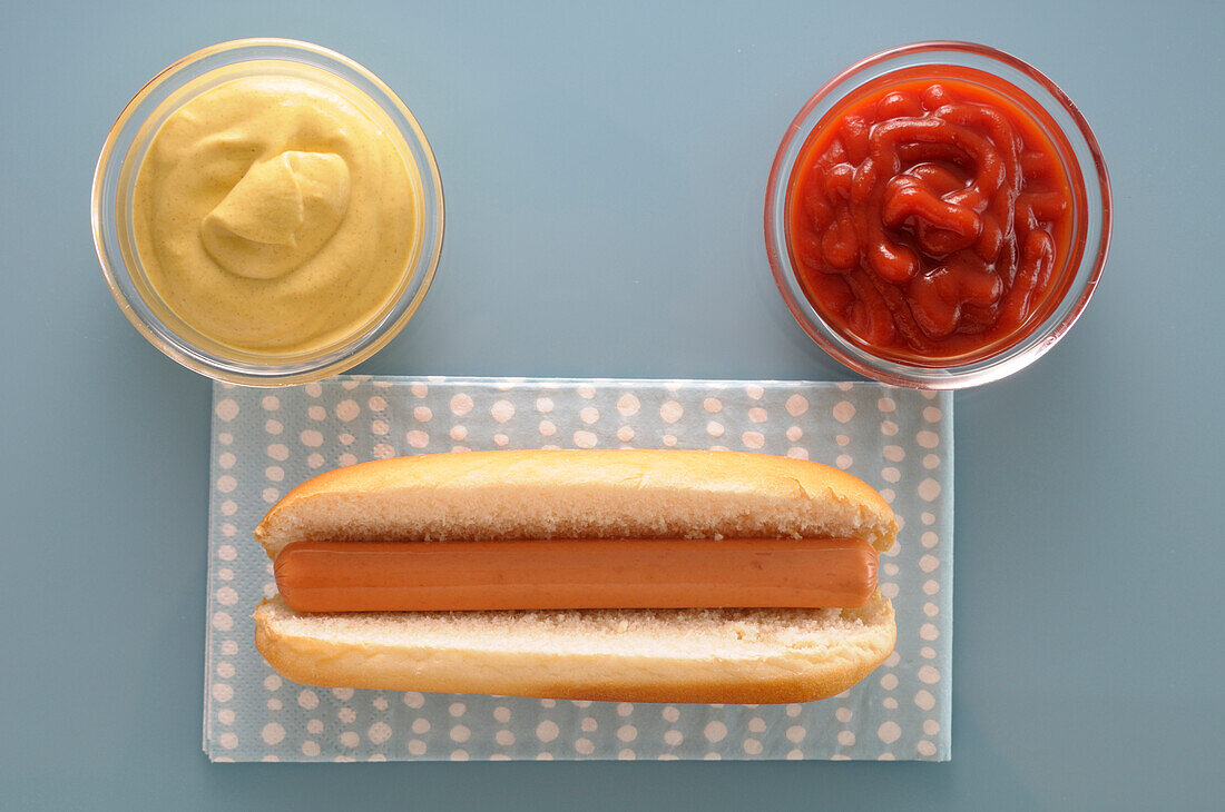 Draufsicht auf Hot Dog mit Schüsseln mit Ketchup und Mayonnaise, Studioaufnahme