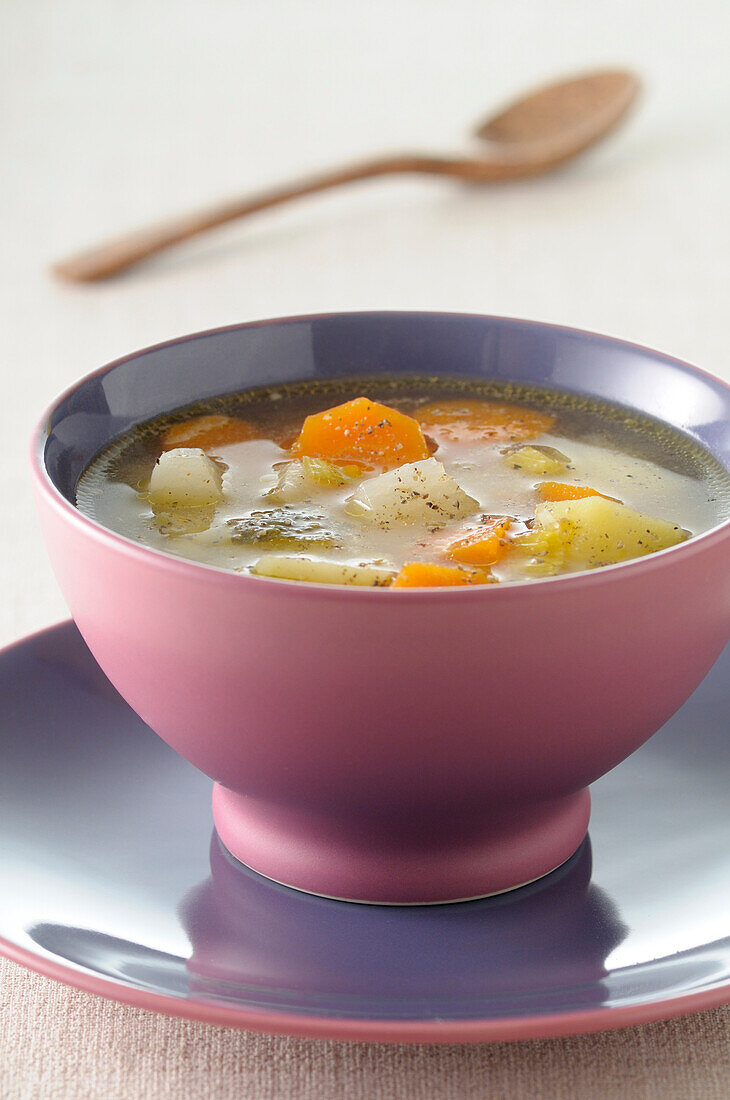 Close-up of Bowl of Vegetable Soup on Saucer,Studio Shot