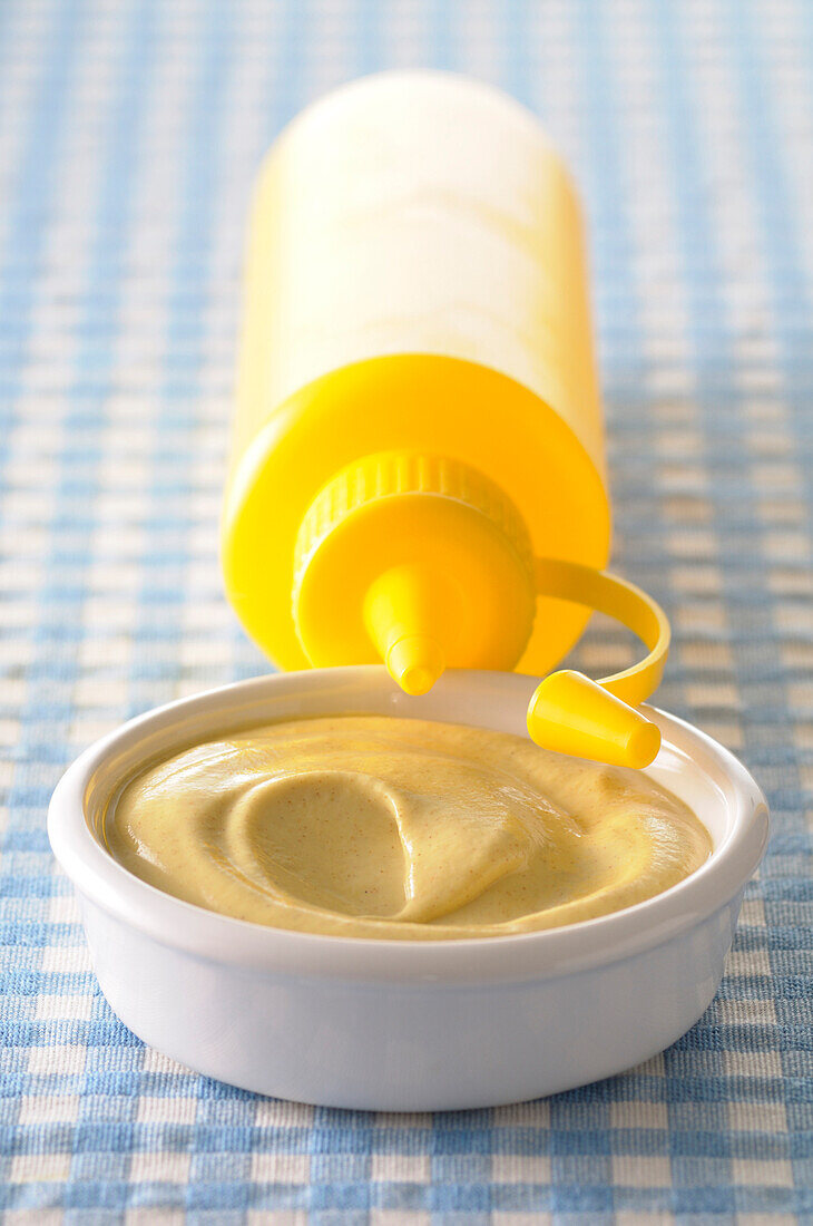 Close-up of Bowl of Mustard and Yellow Squeeze Bottle