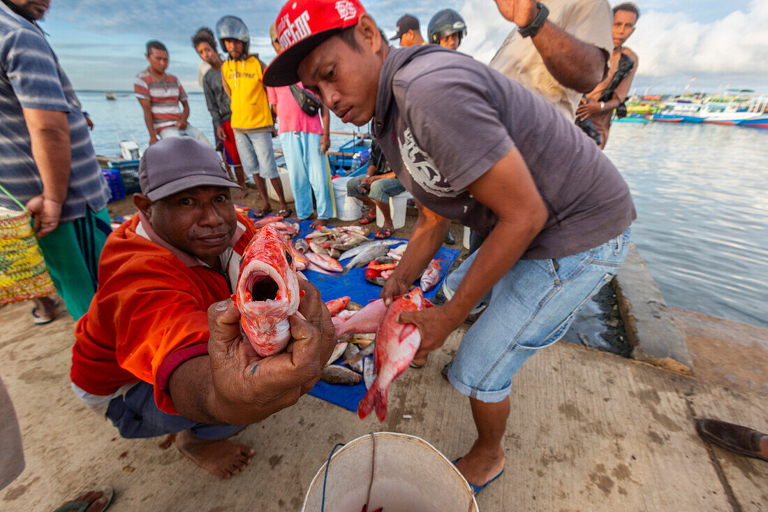 Verkäufer von frischem Fisch auf dem Fischmarkt in Sorong, der größten Stadt der indonesischen Provinz Südwest-Papua, Indonesien, Südostasien, Asien