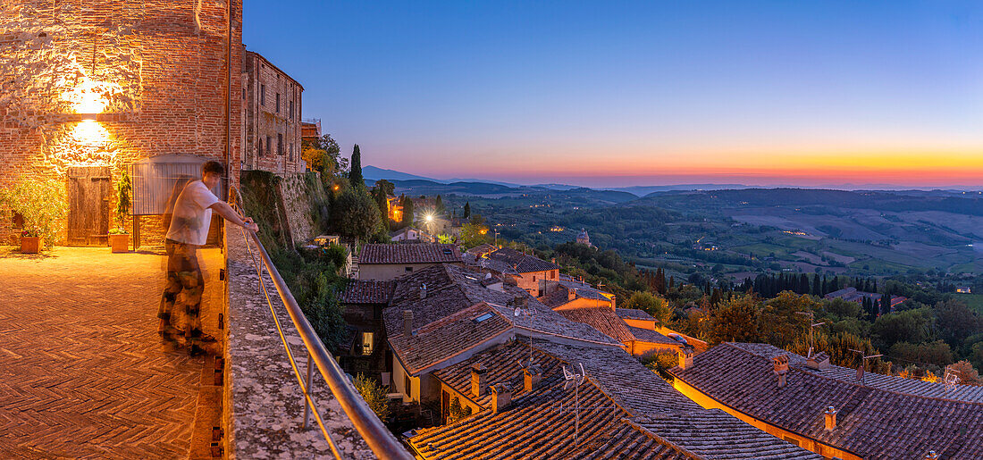 View of Tuscan landscape from Montepulciano at dusk,Montepulciano,Province of Siena,Tuscany,Italy,Europe