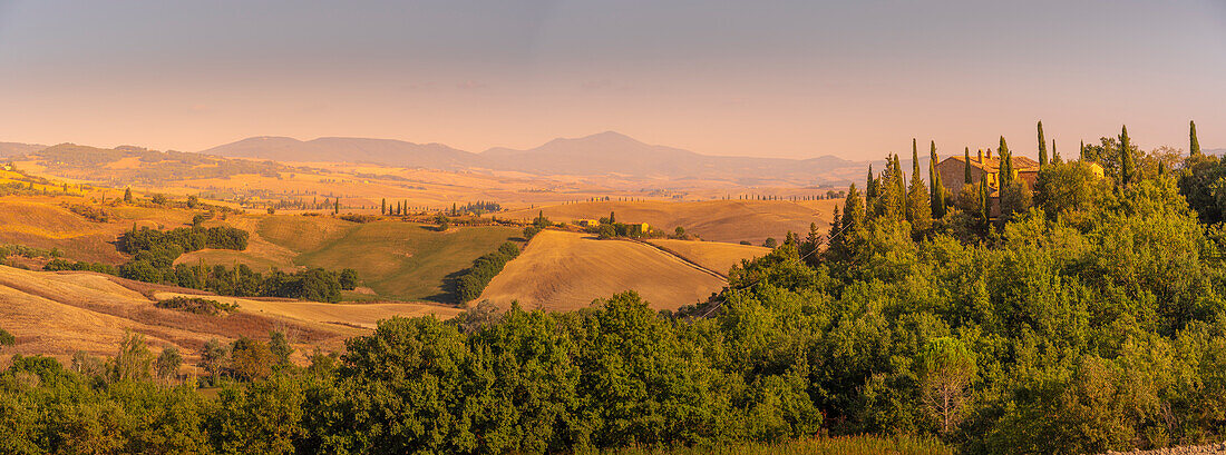 View of landscape in the Val d' Orcia near San Quirico d' Orcia,UNESCO World Heritage Site,Province of Siena,Tuscany,Italy,Europe