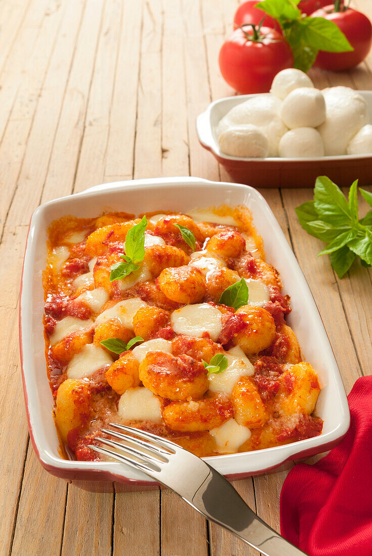 Gnocchi Sorrento style with parmesan,tomato sauce,mozzarella and basil,Campania,Italy,Europe