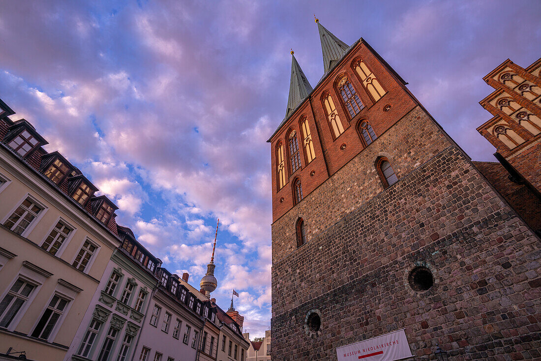 View of St. Nicholas Church at sunset,Nikolai District,Berlin,Germany,Europe