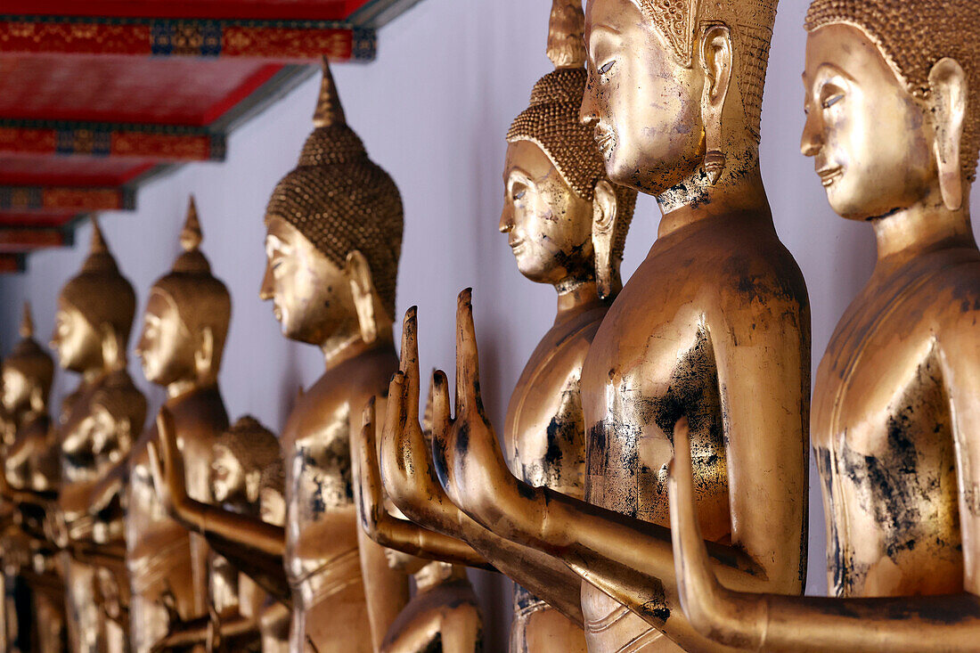 Reihe goldener Buddha-Statuen, Meditation, Wat Pho (Tempel des liegenden Buddhas), Bangkok, Thailand, Südostasien, Asien