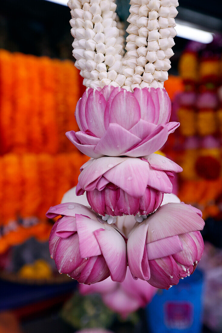 Flower garlands as temple offerings for Hindu ceremony,Indian flower shop at Sri Maha Mariamman Temple,Bangkok,Thailand,Southeast Asia,Asia