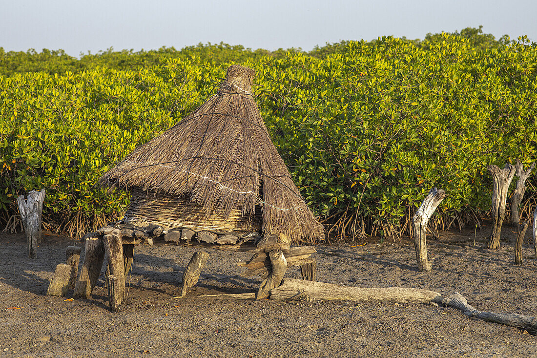 Antiker Getreidespeicher mit einem Dach aus trockenem Gras auf einer Insel zwischen Mangrovenbäumen, Joal-Fadiouth, Senegal, Westafrika, Afrika