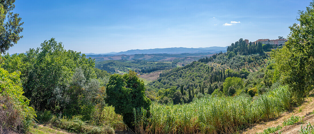 View of hills and landscape and town near San Vivaldo,Tuscany,Italy,Europe