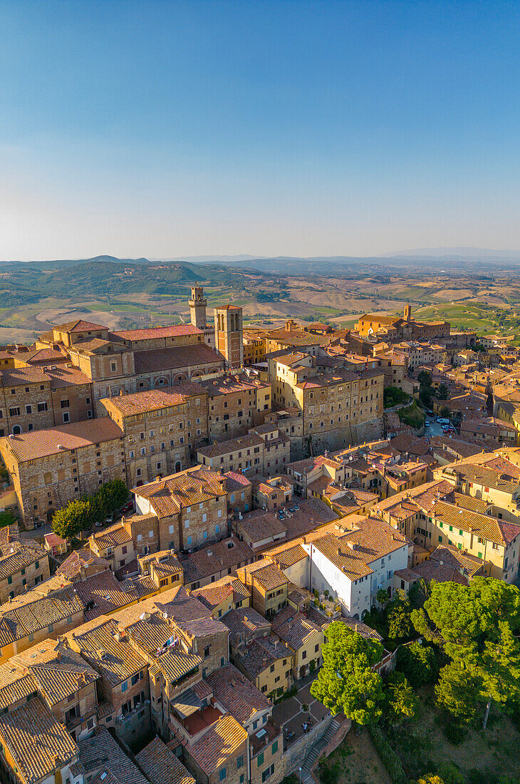 Elevated view of rooftops and town of Montepulciano at sunset,Montepulciano,Tuscany,Italy,Europe