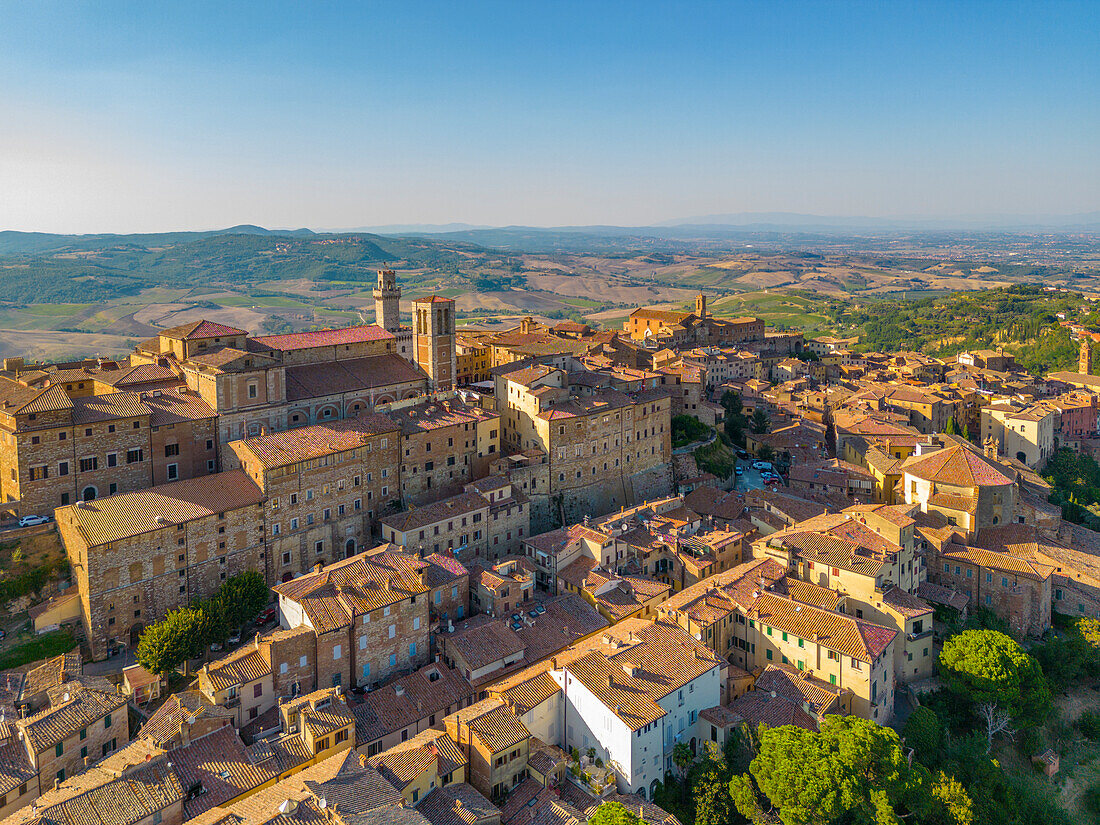 Elevated view of rooftops and town of Montepulciano at sunset,Montepulciano,Tuscany,Italy,Europe