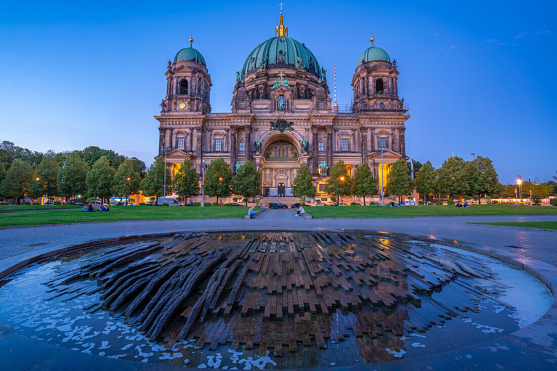 View of Berliner Dom (Berlin Cathedral) viewed from Lustgarten at dusk,Berlin,Germany,Europe