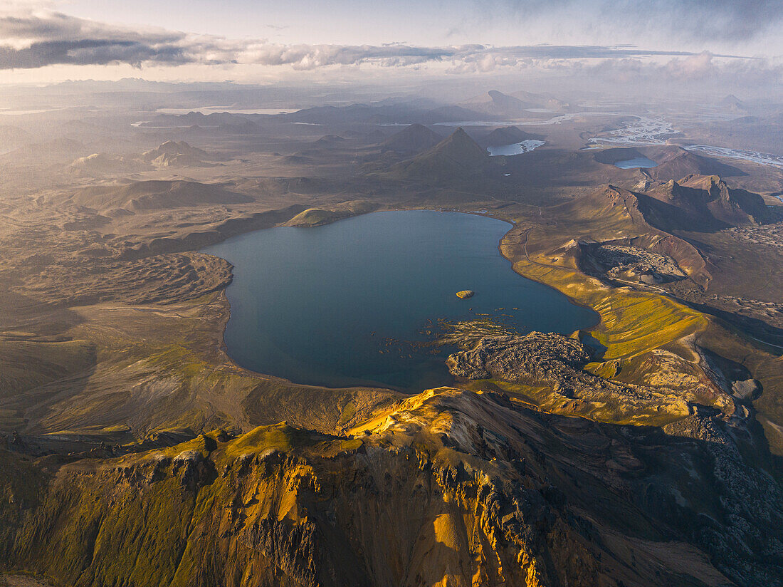 Aerial view taken by drone of natural landscape in Landmannaugar area on a summer day,Iceland,Polar Regions