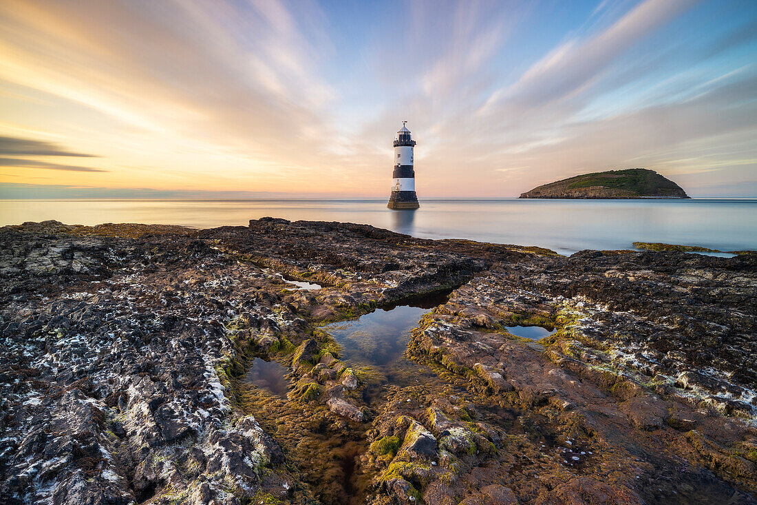 Trwyn Du Lighthouse at sunset in summer,Beaumaris,Wales,Great Britain,United Kingdom,Europe