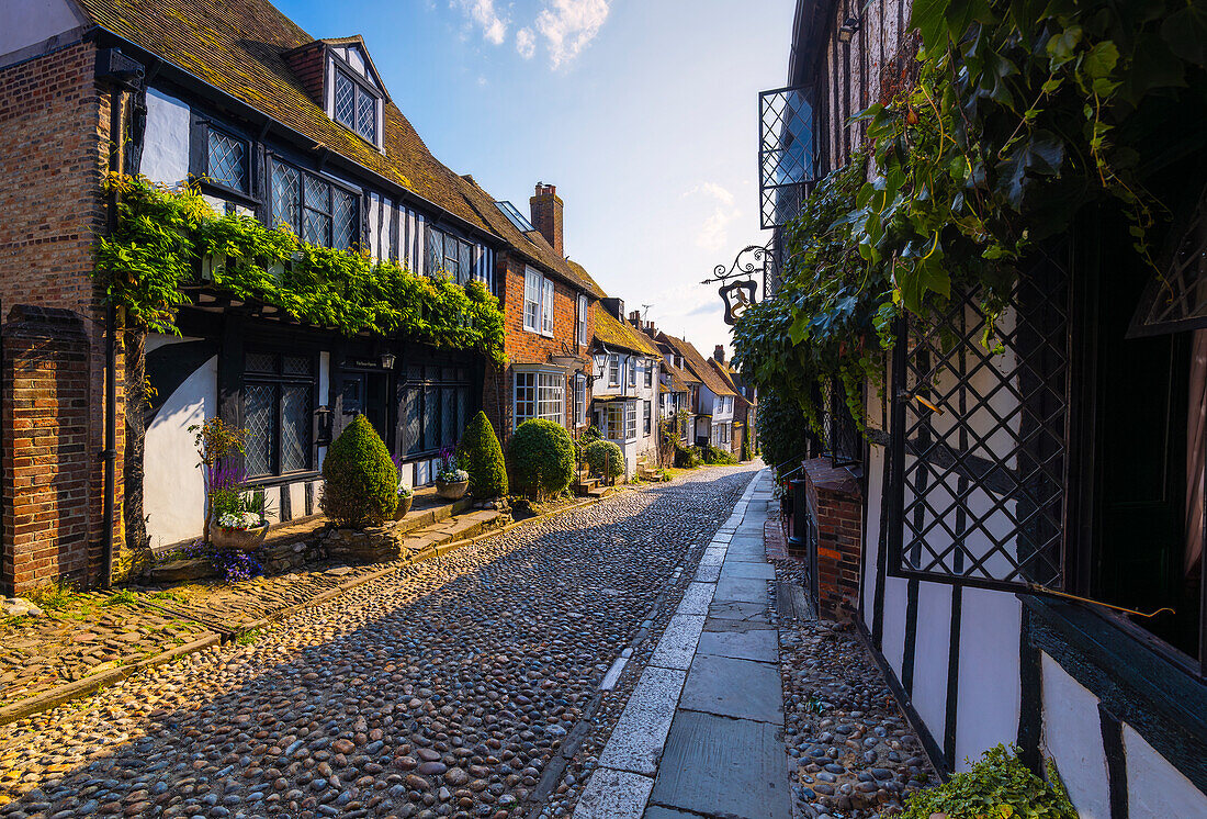 Popular Mermaid Street at sunset,Rye,East Sussex,England,United Kingdom,Europe