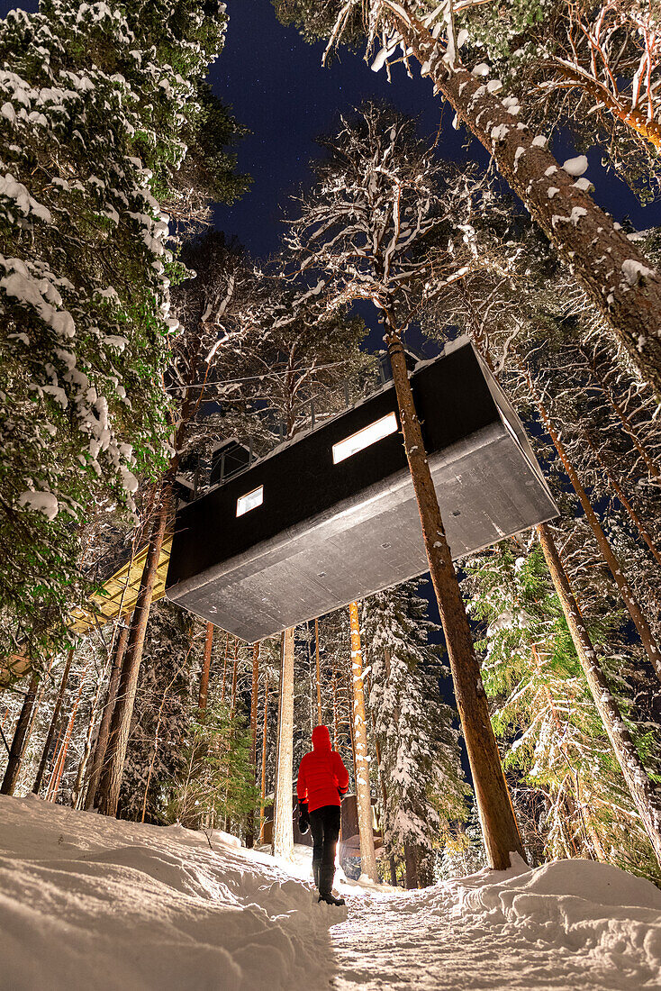 Tourist bewundert die erhöhte Hotelzimmerkapsel zwischen verschneiten Bäumen im borealen Wald, Schwedisch-Lappland, Harads, Schweden, Skandinavien, Europa