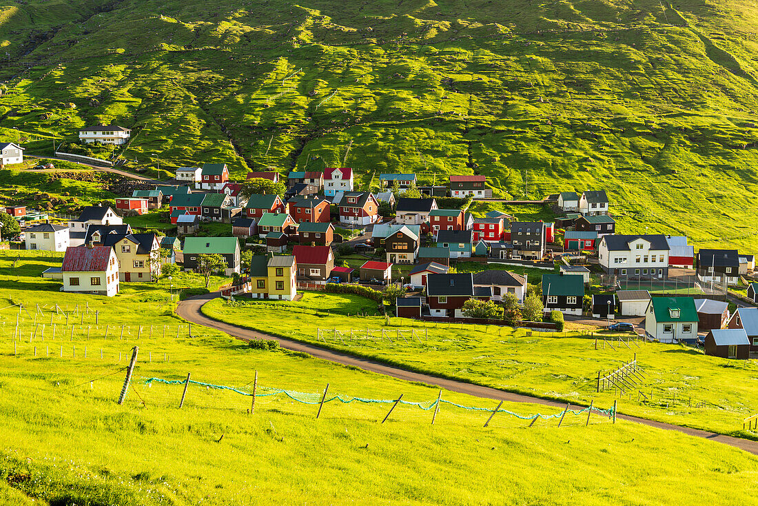 The colorful houses of the fishing village of Funningur at sunrise,Eysturoy island,Faroe islands,Denmark,Europe