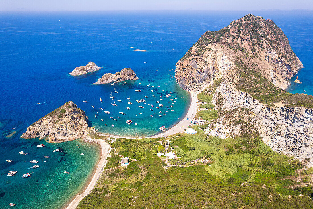 Francese bay and the rock of the Saint Silverio,aerial view,Palmarola island,Ponza municipality,Tyrrhenian Sea,Pontine archipelago,Latina Province,Latium (Lazio),Italy,Europe