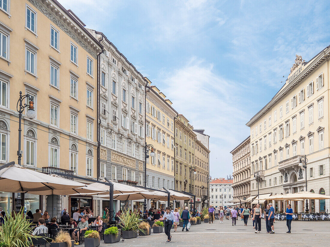 Cafe lined street,Trieste,Friuli Venezia Giulia,Italy,Europe