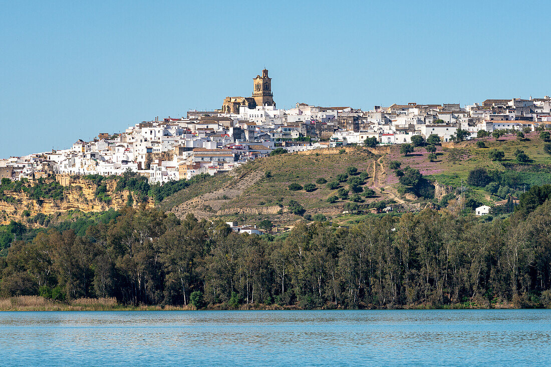 Arcos de la Frontera view from the other side of the lake in the Pueblos Blancos region,Andalusia,Spain,Europe