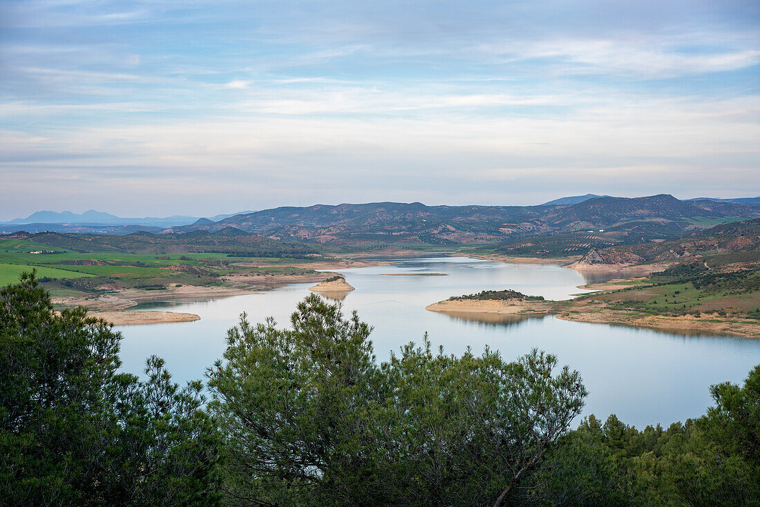 Landscape of Gobrantes and Guadalhorce water reservoir dam at sunset,Andalusia,Spain,Europe