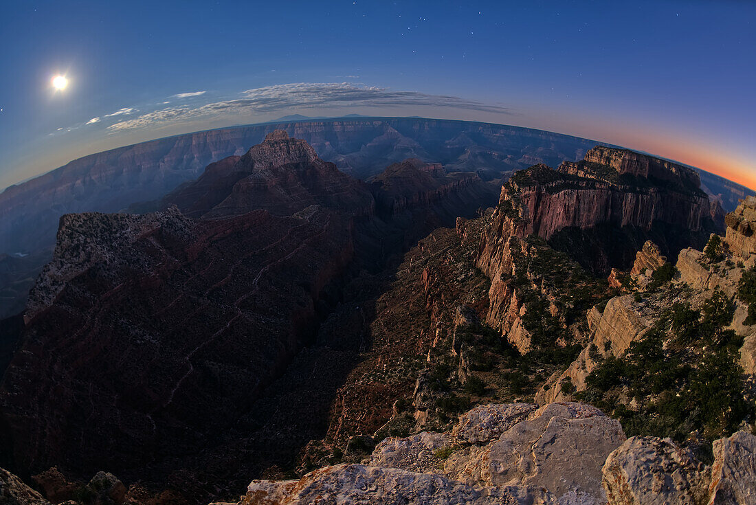View from Cape Royal,below is Vishnu Creek running between Vishnu Temple on the left with Wotans Throne on the right at twilight with the Moon rising,Grand Canyon National Park,UNESCO World Heritage Site,Arizona,United States of America,North America