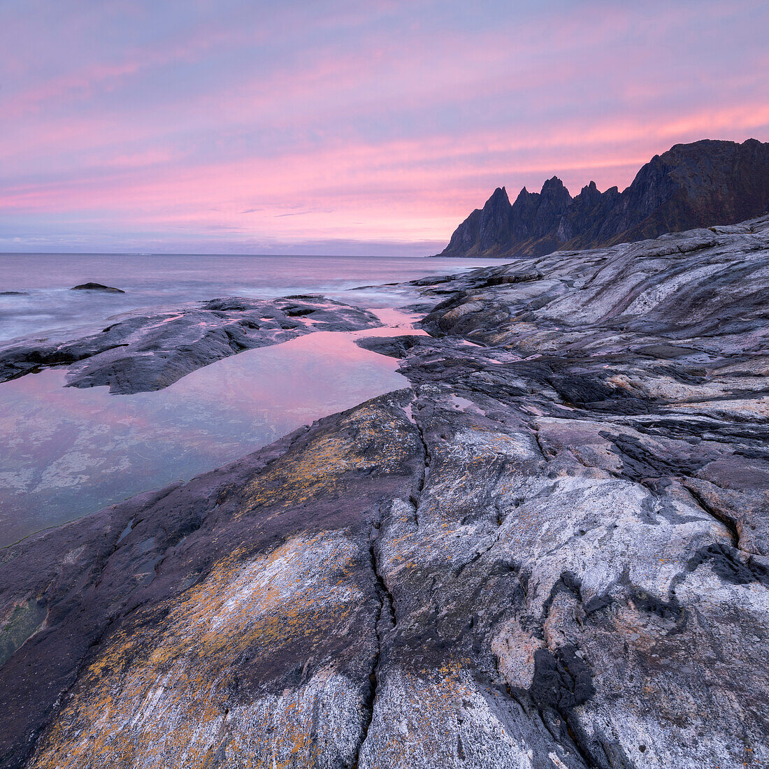 Coastal view at dawn of Devil's Teeth Mountain,Tungeneset,Senja,Troms og Finnmark,Norway,Scandinavia,Europe