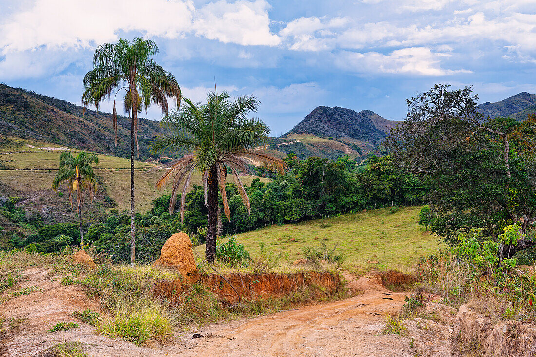 Straße mit roter Erde, Landschaft der Serra da Canastra, Staat Minas Gerais, Brasilien, Südamerika