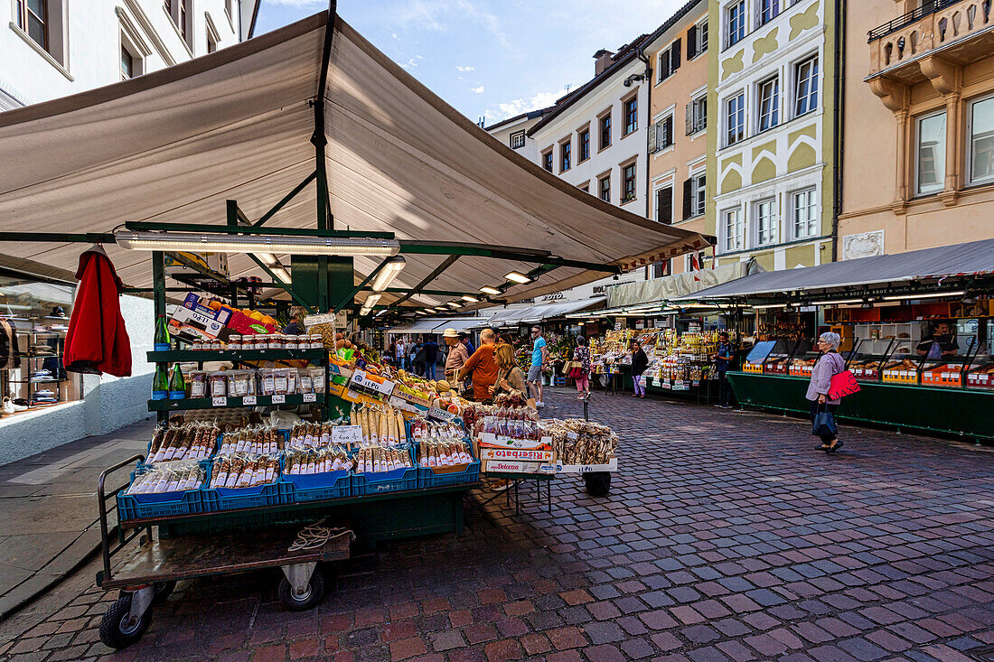 Typical food market in the old town of Bolzano (Bozen),Bozen district,Sudtirol (South Tyrol),Italy,Europe