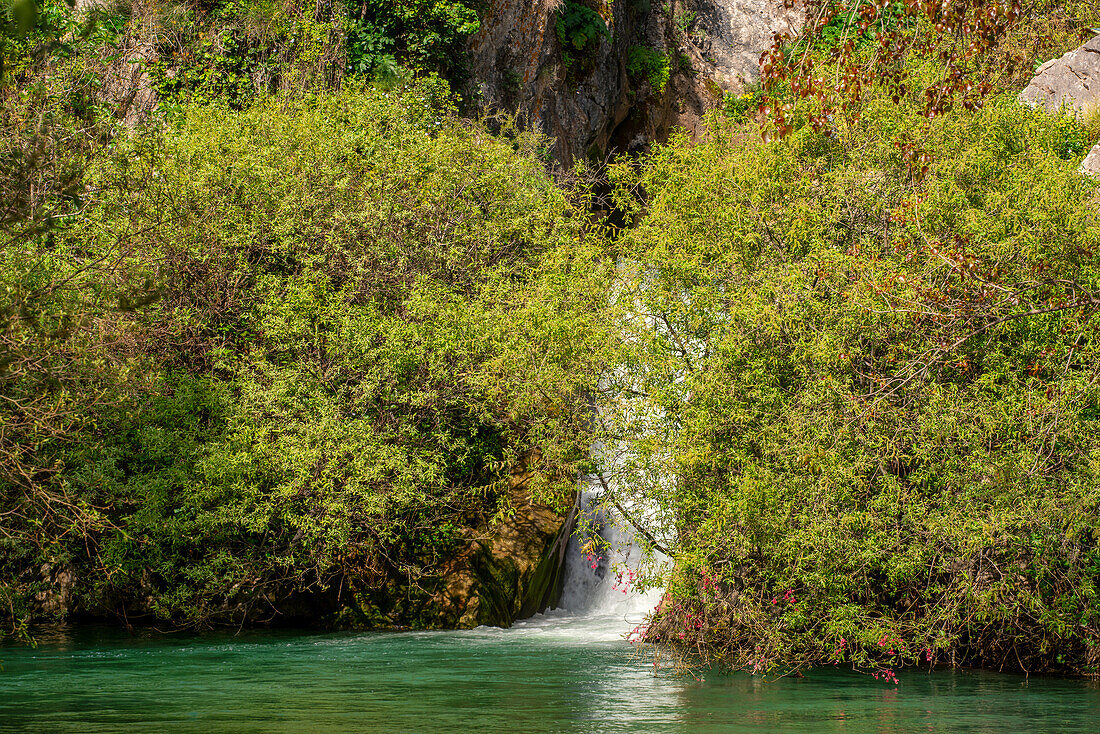 Wasserfall in einer grünen Landschaft mit einem Flußteich in Cueva del Gato, Andalusien, Spanien, Europa