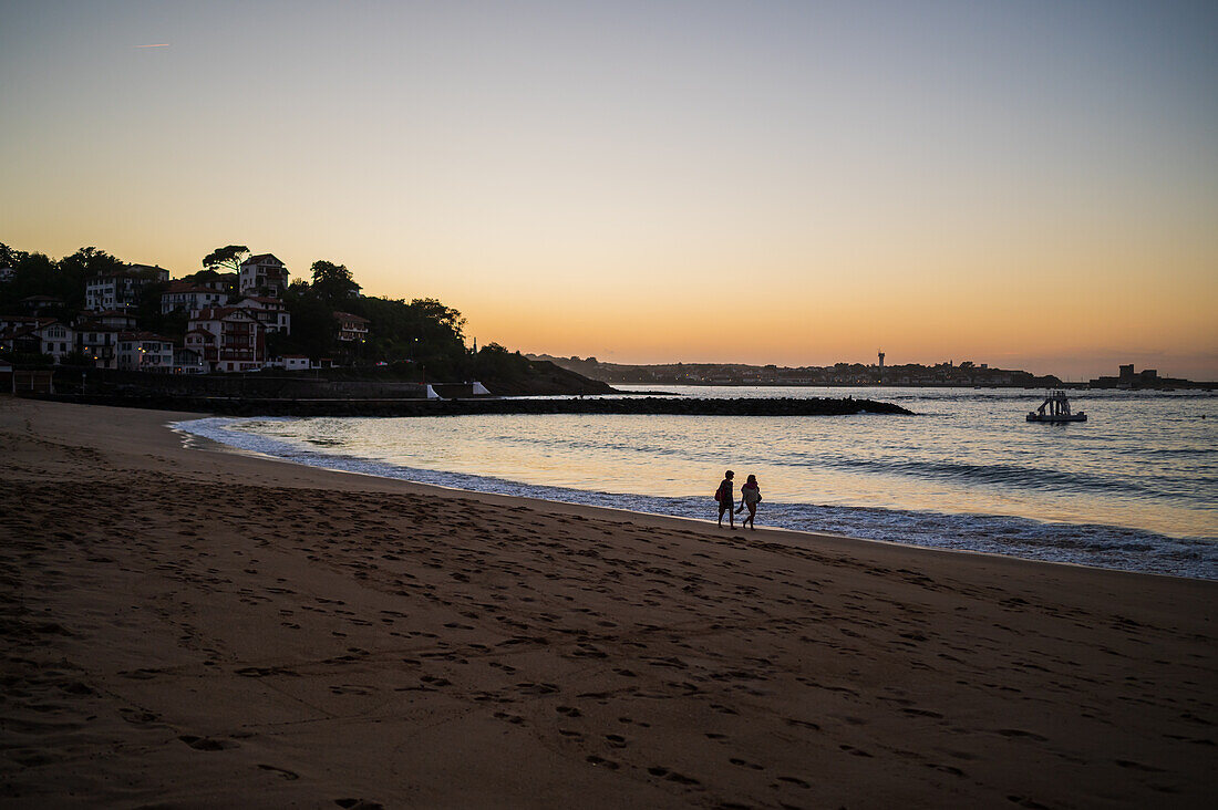 Grande Plage beach at sunset in Saint Jean de Luz,fishing town at the mouth of the Nivelle river,in southwest France’s Basque country