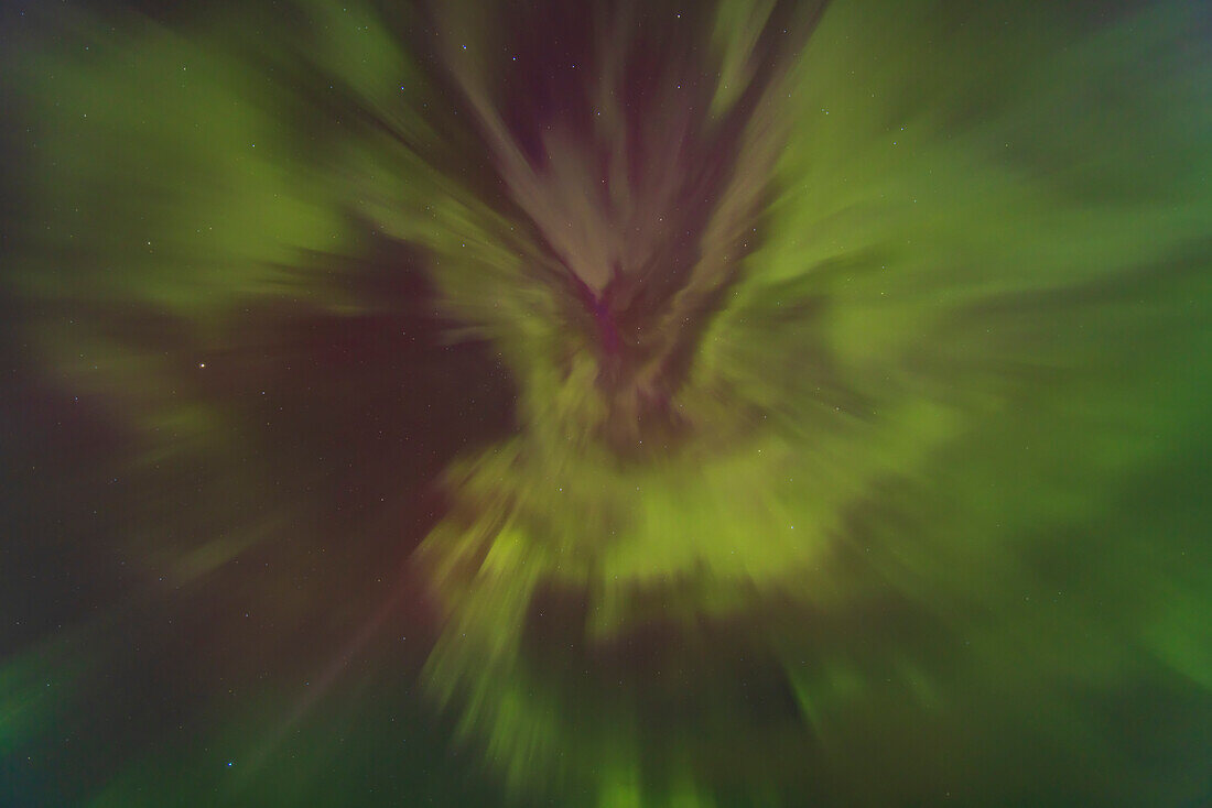 The aurora of April 23,2023,looking straight up to the zenith to capture the converging curtains in a coronal display. The Big Dipper is at top.