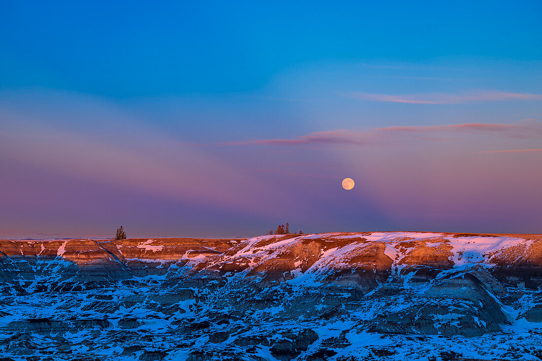 Der aufgehende Vollmond am 6. Januar 2023 über den Badlands von Horseshoe Canyon, in der Nähe von Drumheller, Alberta. Hier steht der Mond im rosafarbenen Venusgürtel und mit dunkelblauen Dämmerungsstrahlen (oder richtiger: Anti-Kreuzungsstrahlen), die auf den Punkt direkt gegenüber der Sonne zulaufen. Die Strahlen sind Schatten, die von den Wolken im Westen geworfen werden, die sich für einige Augenblicke so weit öffnen, dass die untergehende Sonne den Vordergrund beleuchten kann, was einen farbenfrohen Kontrast zwischen Boden und Himmel ergibt.