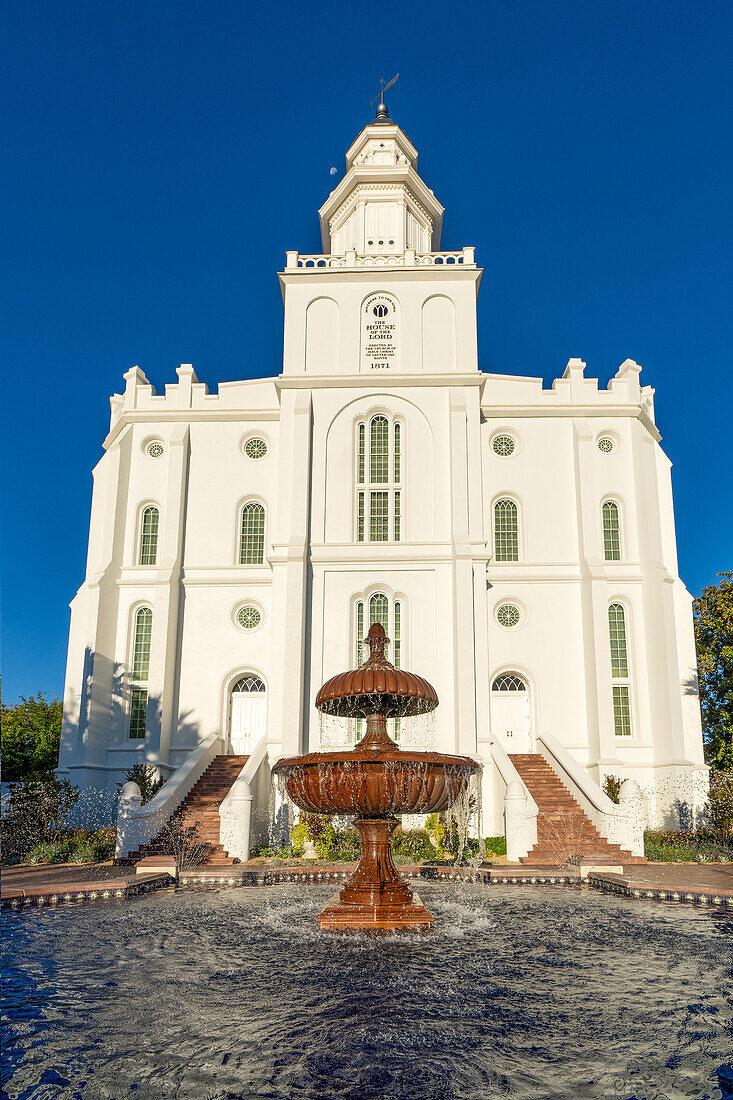 A fountain in front of the St. George Utah Temple of The Church of Jesus Christ of Latter-day Saints in St. George,Utah. It was the first temple completed in Utah,dedicated in 1871.