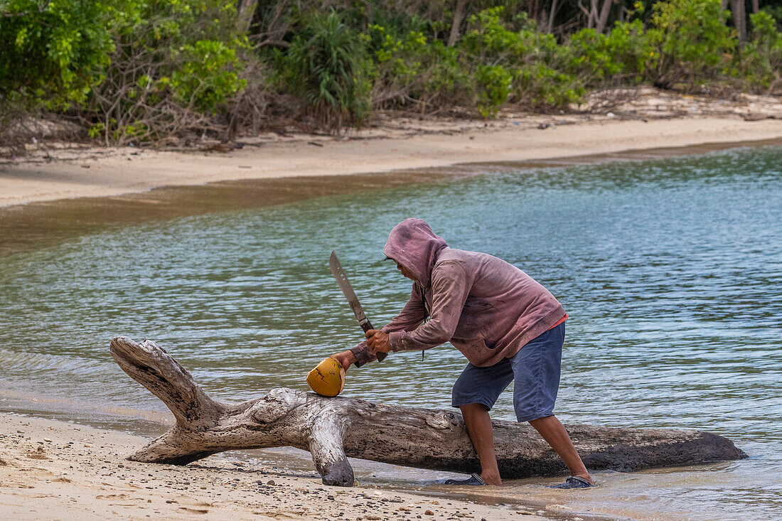 Ein Einheimischer schneidet eine Kokosnuss in den kleinen Inseln des natürlichen geschützten Hafens in der Wayag Bay, Raja Ampat, Indonesien, Südostasien, Asien