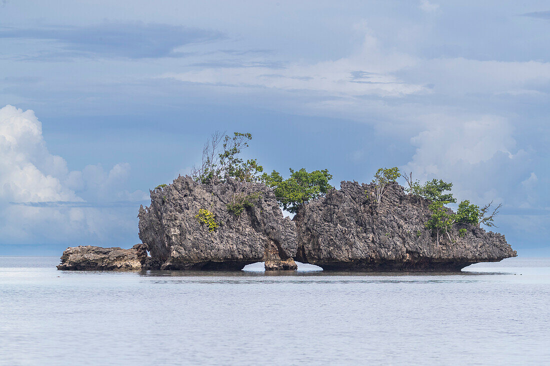 Blick auf bewachsene Kalksteininseln in Batu Hatrim, Raja Ampat, Indonesien, Südostasien, Asien