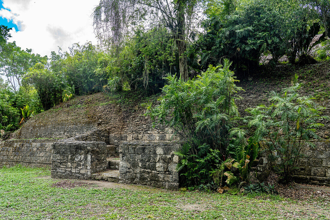 Structure 218,residential palace in Plaza E in the Mayan ruins in Yaxha-Nakun-Naranjo National Park,Guatemala.