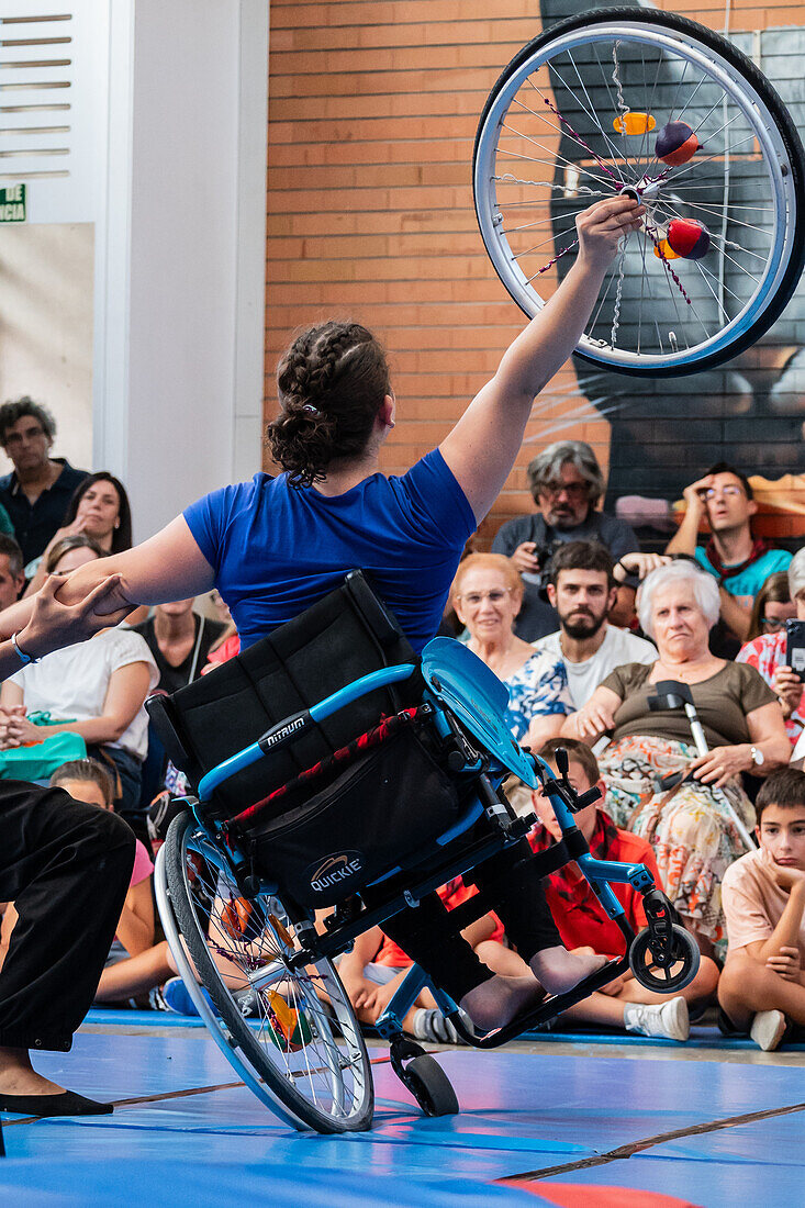 Circus show with kids at Centro Civico La Almozara during the Fiestas of el Pilar,Zaragoza,Aragon,Spain