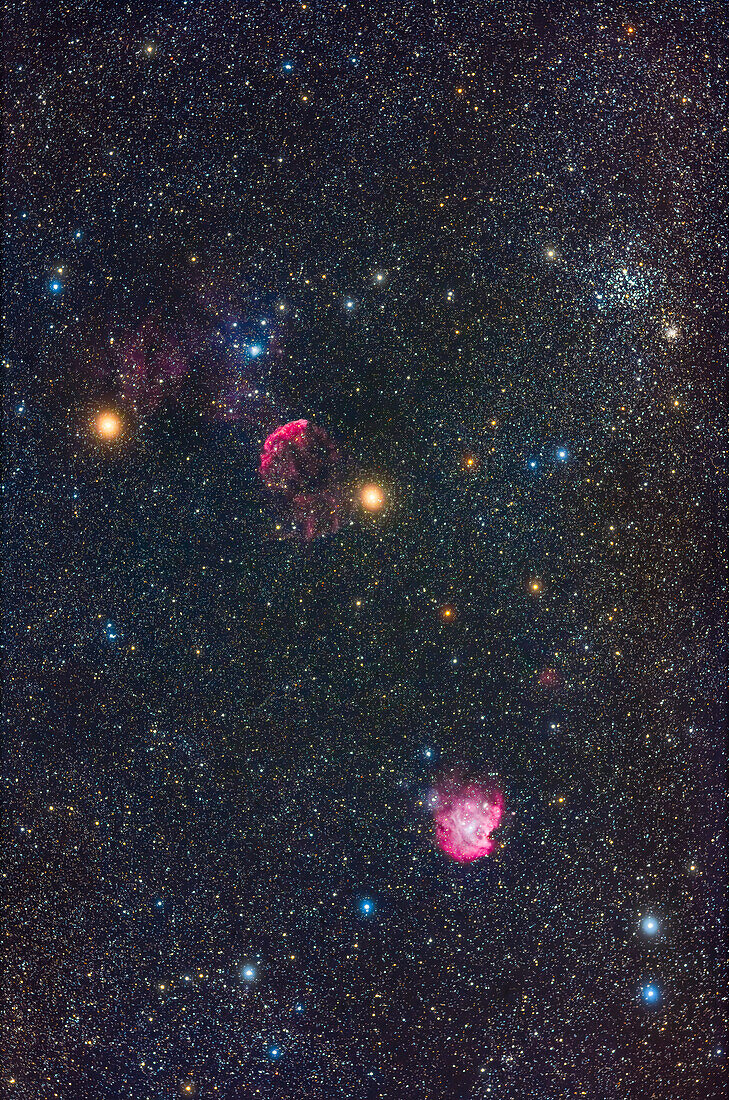 A framing of some of the star clusters and nebulas in western Gemini and northern Orion,taken on a partly hazy night adding the star glows to accentutate their colours.