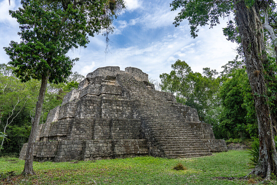 Struktur 1 der Malergruppe oder Plaza of the Shadows in den Maya-Ruinen im Yaxha-Nakun-Naranjo-Nationalpark,Guatemala.