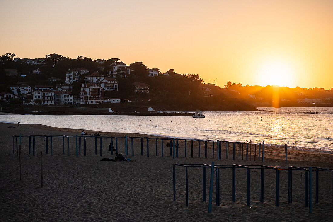 Grande Plage beach at sunset in Saint Jean de Luz,fishing town at the mouth of the Nivelle river,in southwest France’s Basque country