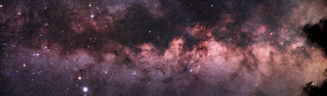 This is a panorama of the Milky Way from Vulpecula and Sagitta (at left) to Serpens and Sagittarius (at right). The Coathanger asterism of stars,aka CR399,is at upper left. At centre is the constellation of Aquila with the bright star Altair at bottom. The Scutum Starcloud with Messier 11 is right of centre. The pink Eagle and Swan Nebulas,(M16 and M17) are at far right,as is the Small Sagittarius Starcloud,Messier 24. Flanking M24 are the two large star clusters,M25 (below) and M23 (above),amid the trees. The globular cluster M22 is at bottom right,also just clearing the trees. The large diff