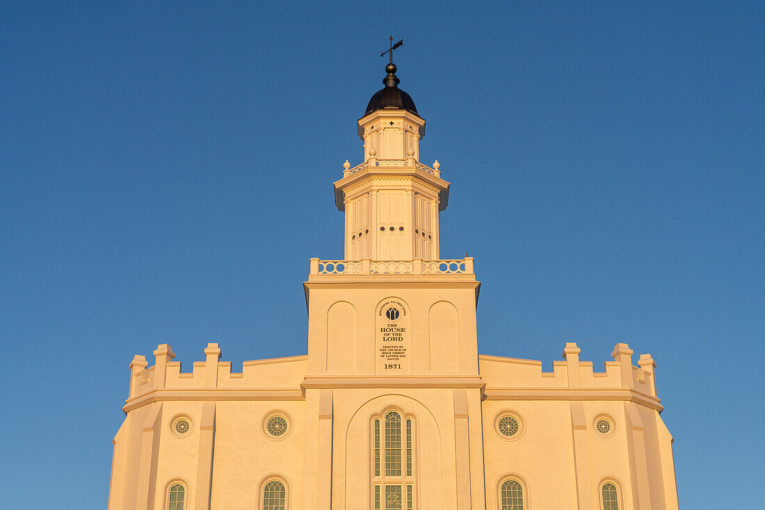Golden light at sunrise on the St. George Utah Temple of The Church of Jesus Christ of Latter-day Saints in St. George,Utah.