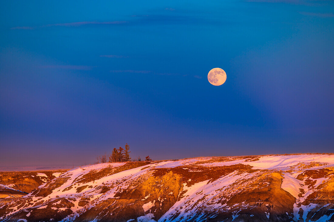 Der aufgehende Vollmond vom 6. Januar 2023 über den Badlands des Horseshoe Canyon in der Nähe von Drumheller, Alberta. Hier zeigt der Mond einen dunkelblauen Dämmerungsstrahl (oder richtiger: Anti-Kreuzungsstrahl), der auf den Punkt direkt gegenüber der Sonne zuläuft. Der Strahl war ein Schatten, der von den Wolken im Westen geworfen wurde, die sich für einige Augenblicke so weit auflösten, dass die untergehende Sonne den Vordergrund beleuchten konnte, was einen farbenfrohen Kontrast zwischen Boden und Himmel ergab.