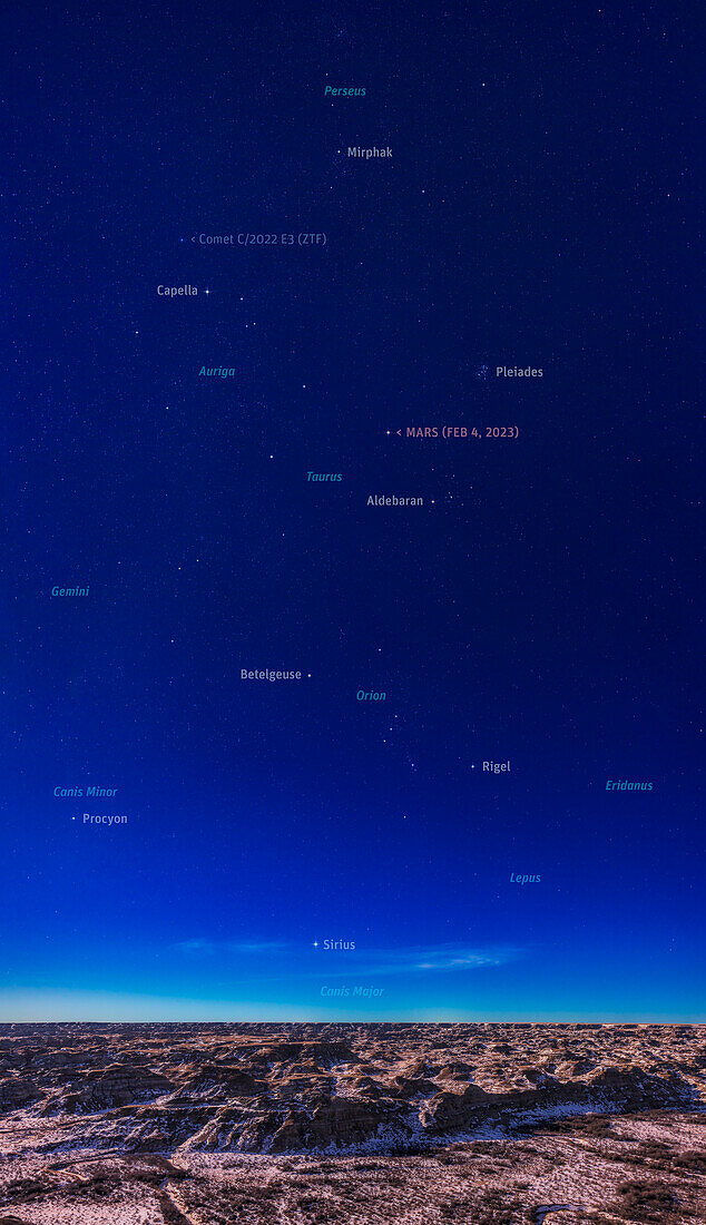 The sparkling winter stars and constellations over the moonlit badlands of Dinosaur Provincial Park,Alberta on Feb. 4,2023. The waxing gibbous Moon is off frame at left providing the illumination on this very clear and mild night. Captured here in a vertical panorama from below the horizon to past the zenith.